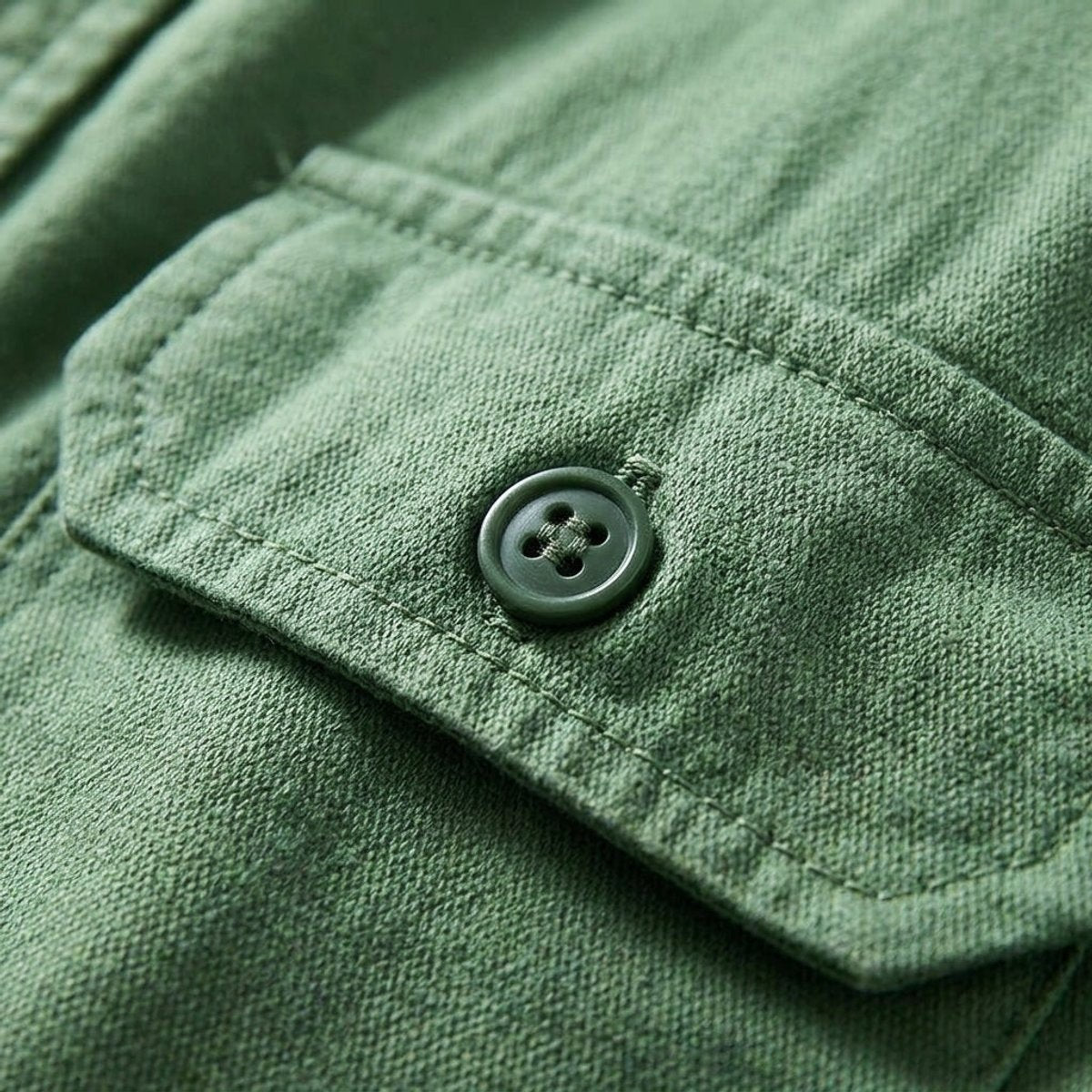 Macro view of flap pocket and button on sage green cotton overshirt