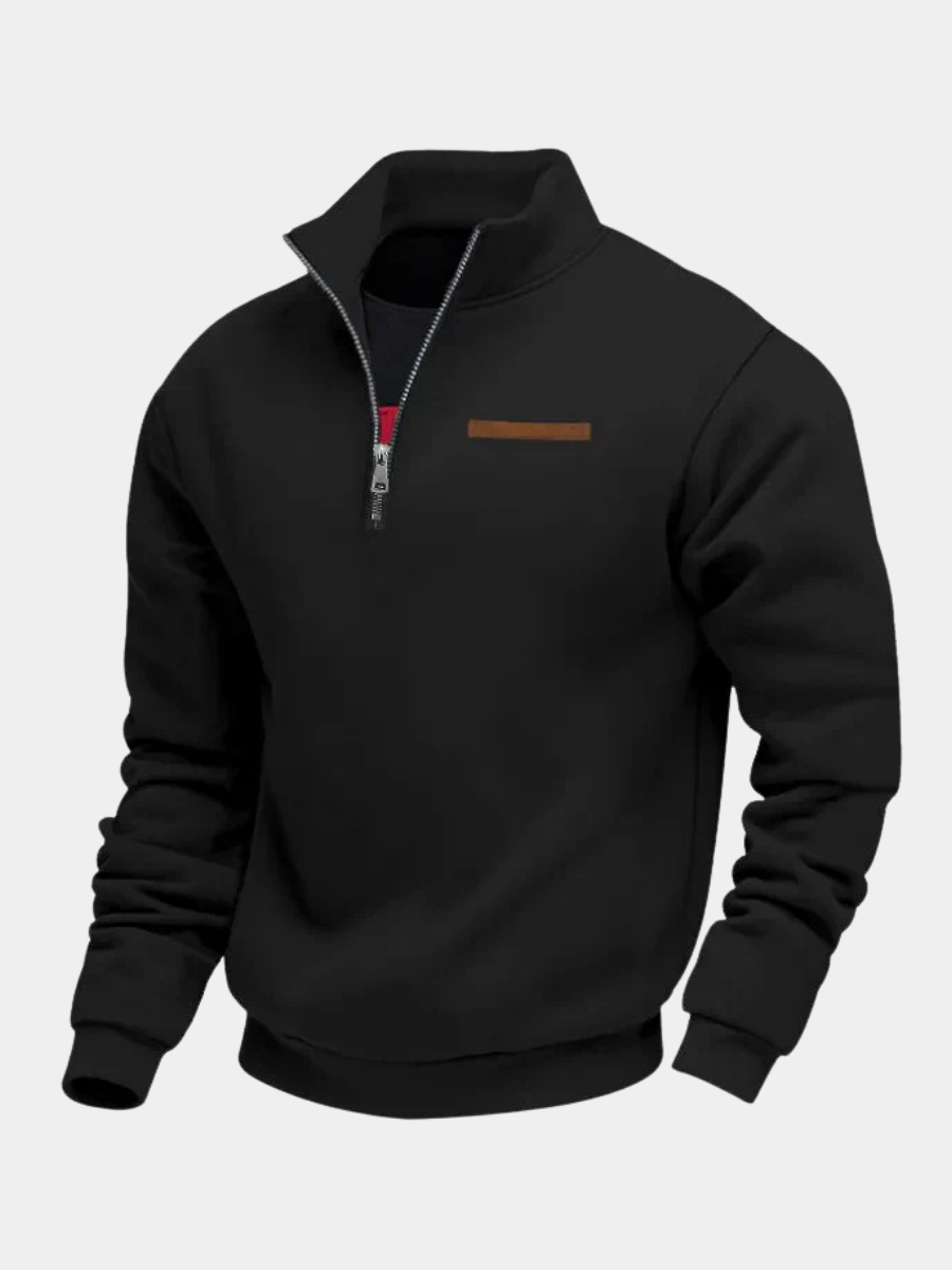 Black quarter-zip pullover with contrast leather-style chest trim