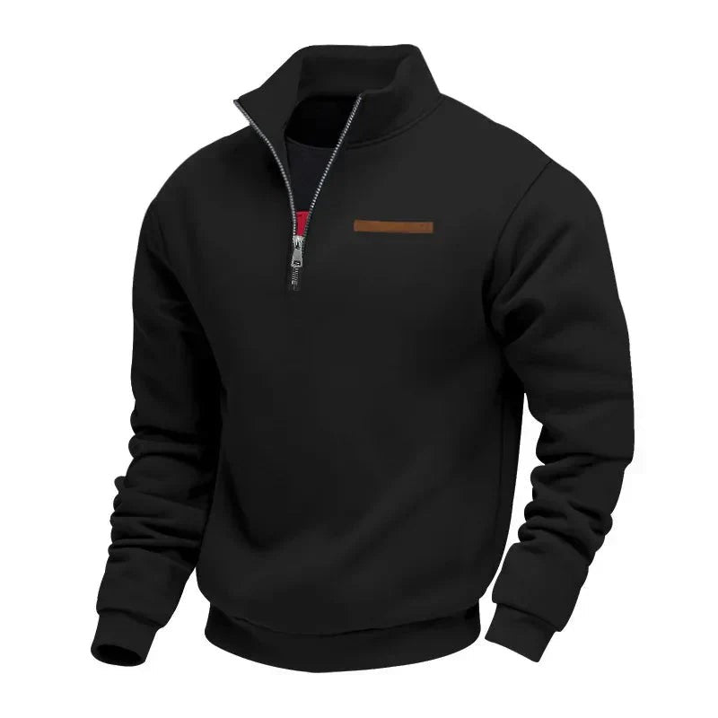 Black funnel-neck sweatshirt featuring a half-zip and tan trim detail