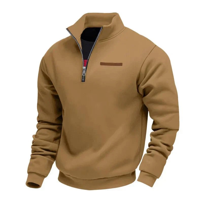 Camel quarter-zip sweatshirt with funnel collar and contrast trim