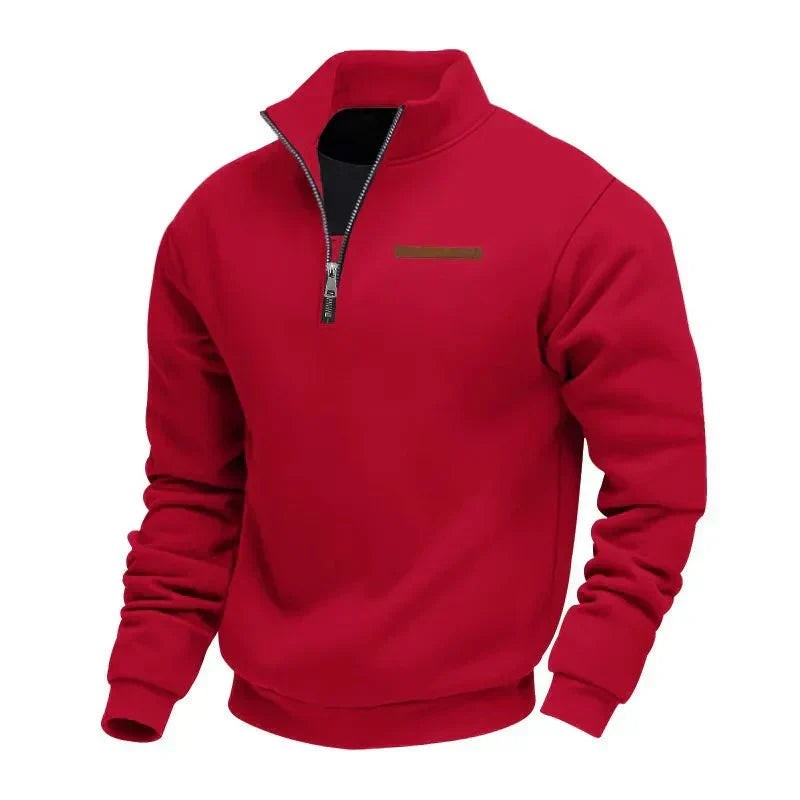 Red half-zip pullover featuring a stand-up collar and tan detail
