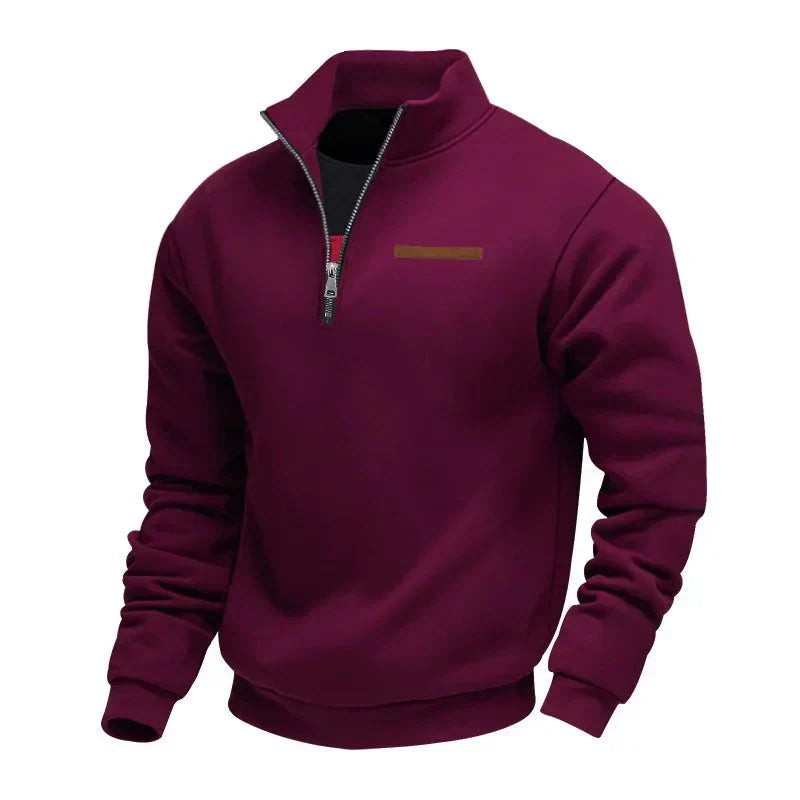Burgundy quarter-zip sweatshirt with high neck and brown accent trim