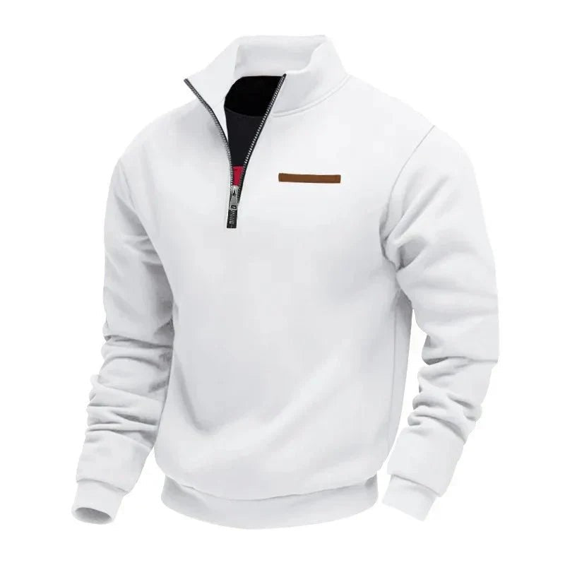 White half-zip pullover with stand-up collar and tan chest strip