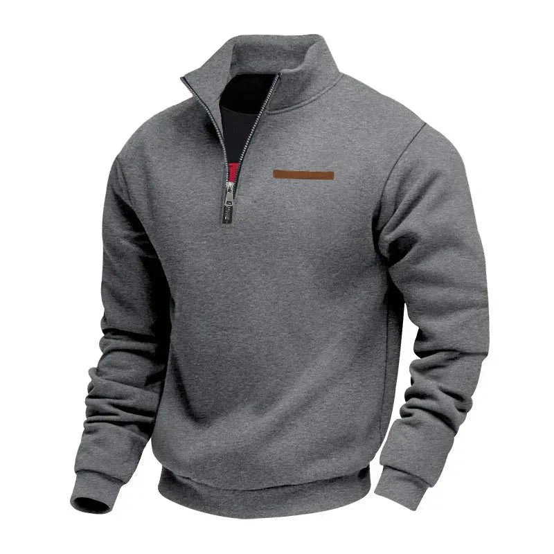 Charcoal grey quarter-zip sweatshirt with funnel neck and brown trim