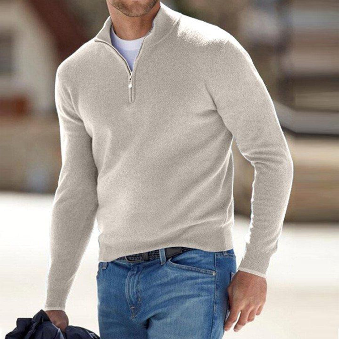 Oatmeal beige quarter-zip jumper paired with jeans, men's ribbed knitwear