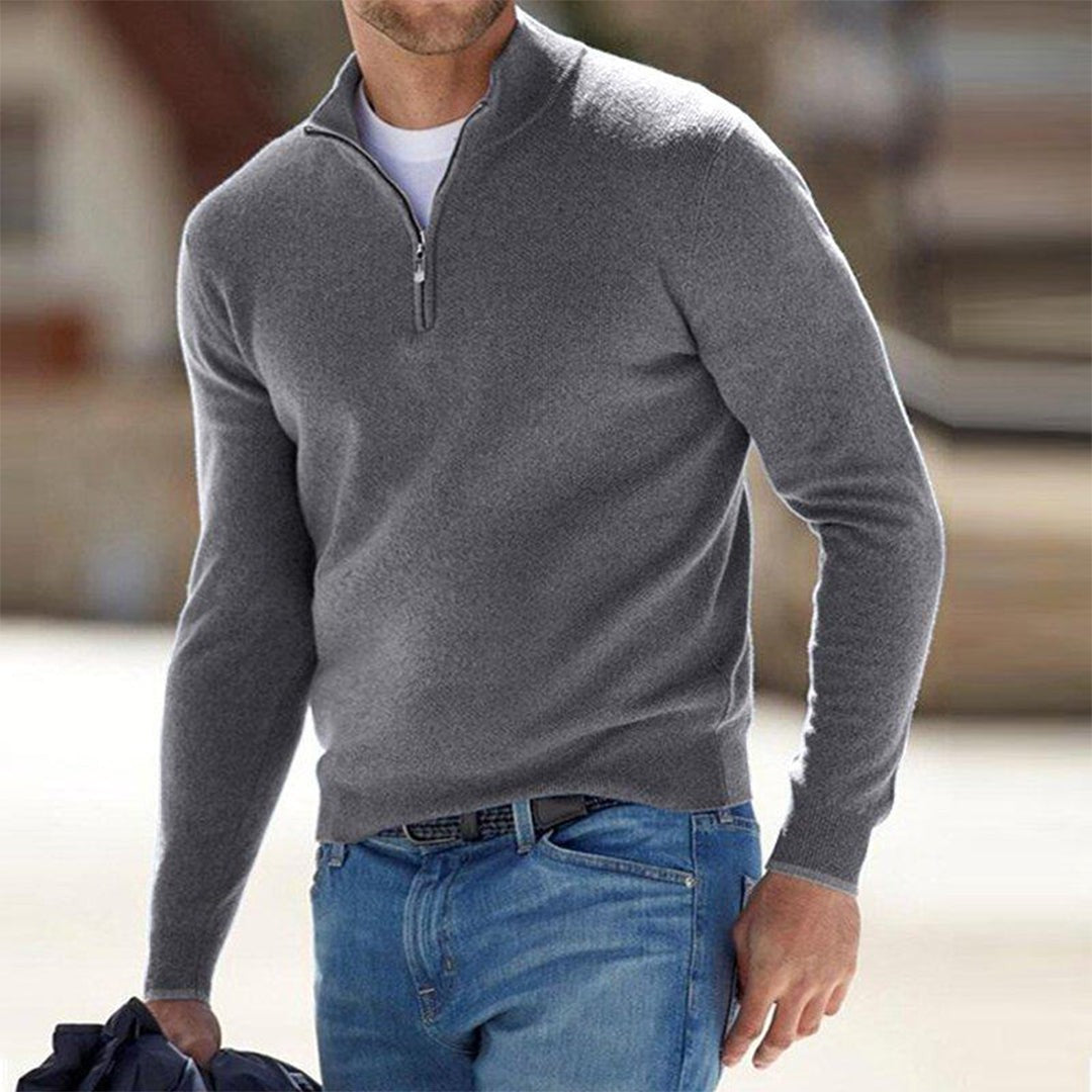 Grey quarter-zip jumper styled with denim, men's smart-casual knit sweater