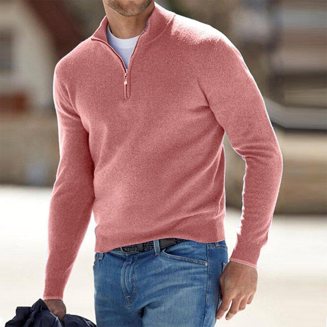 Coral pink quarter-zip jumper with ribbed collar, men's casual knitwear