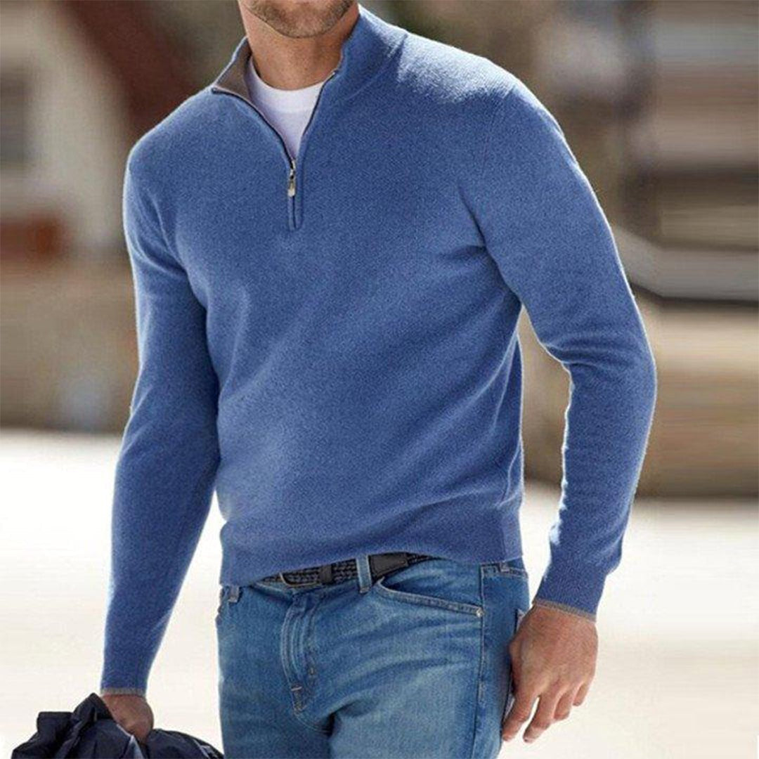 Denim blue quarter-zip jumper with contrast collar, men's casual sweater
