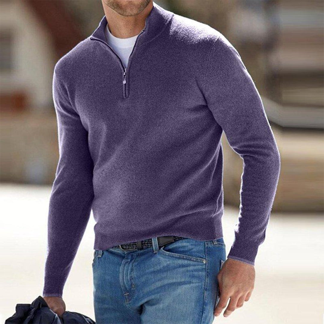 Slate purple quarter-zip jumper paired with jeans, men's ribbed knit top