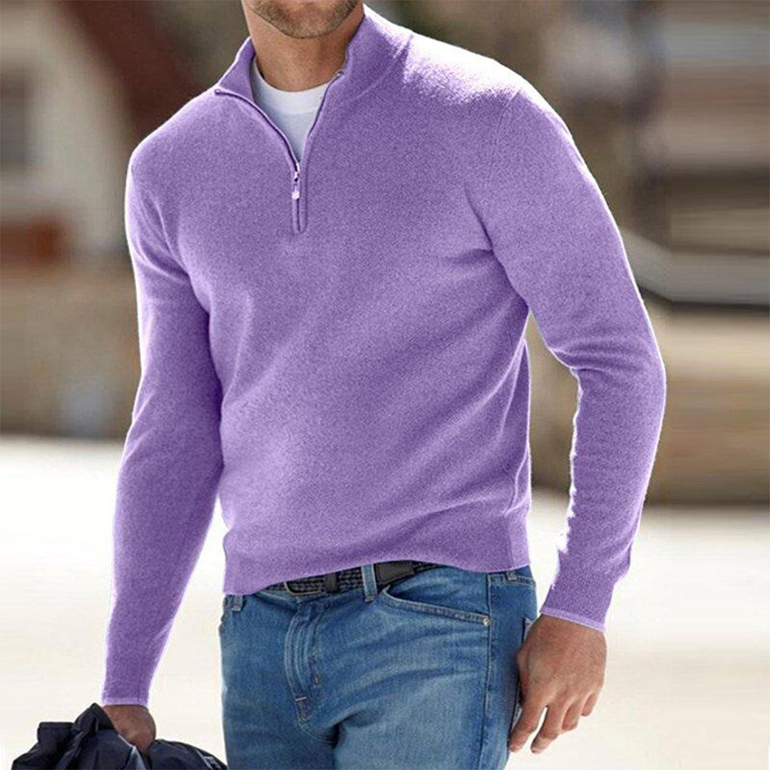 Lilac quarter-zip jumper with high neck, men's casual knitted sweater