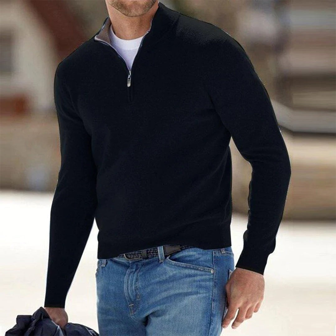 Black quarter-zip jumper with contrast collar, men's smart-casual knitwear