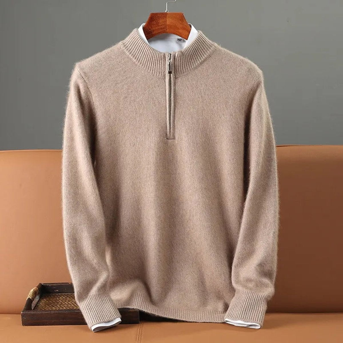 Beige quarter-zip knitted jumper with ribbed collar and white shirt underneath