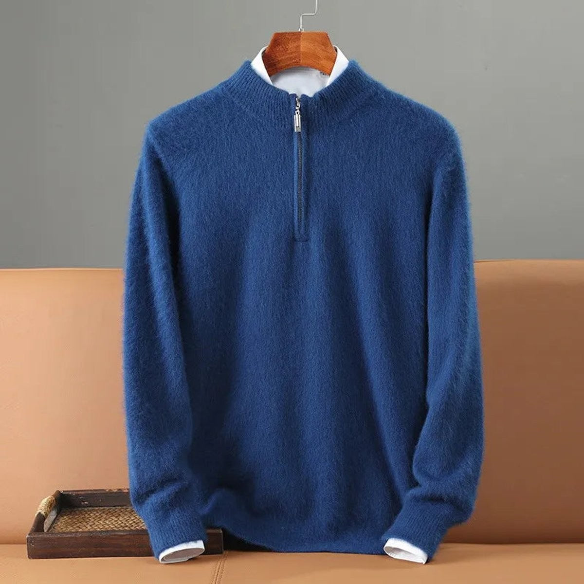 Navy blue fluffy quarter-zip knitted jumper with ribbed cuffs