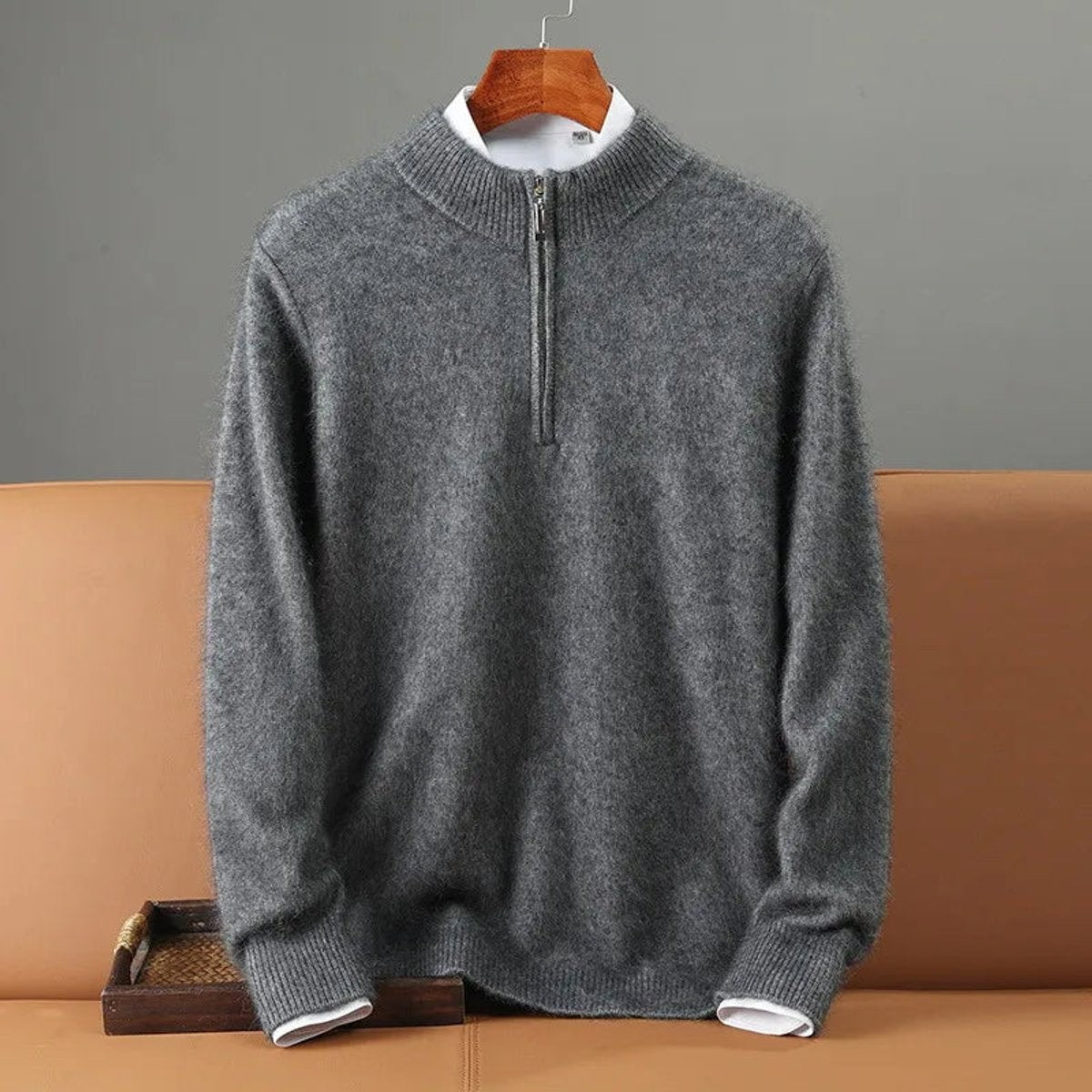 Charcoal grey half-zip pullover with stand-up ribbed collar