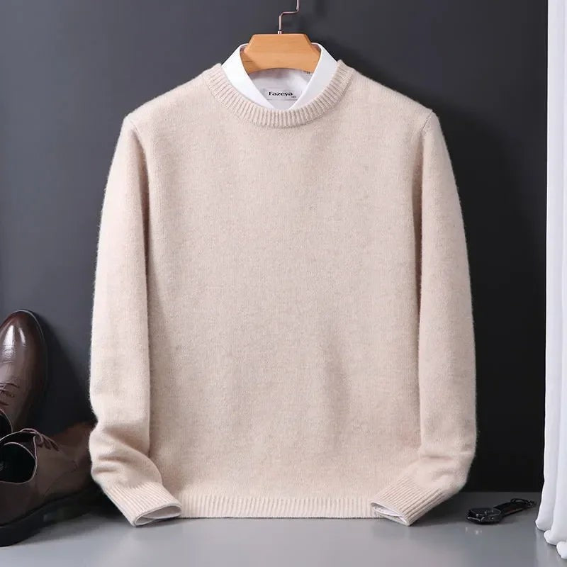 Cream mock-neck jumper displayed on wooden hanger with brogues
