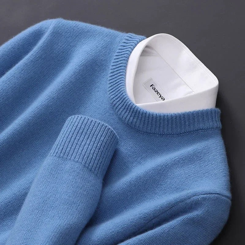 Sky blue jumper collar and cuff shown in close-up knit detail