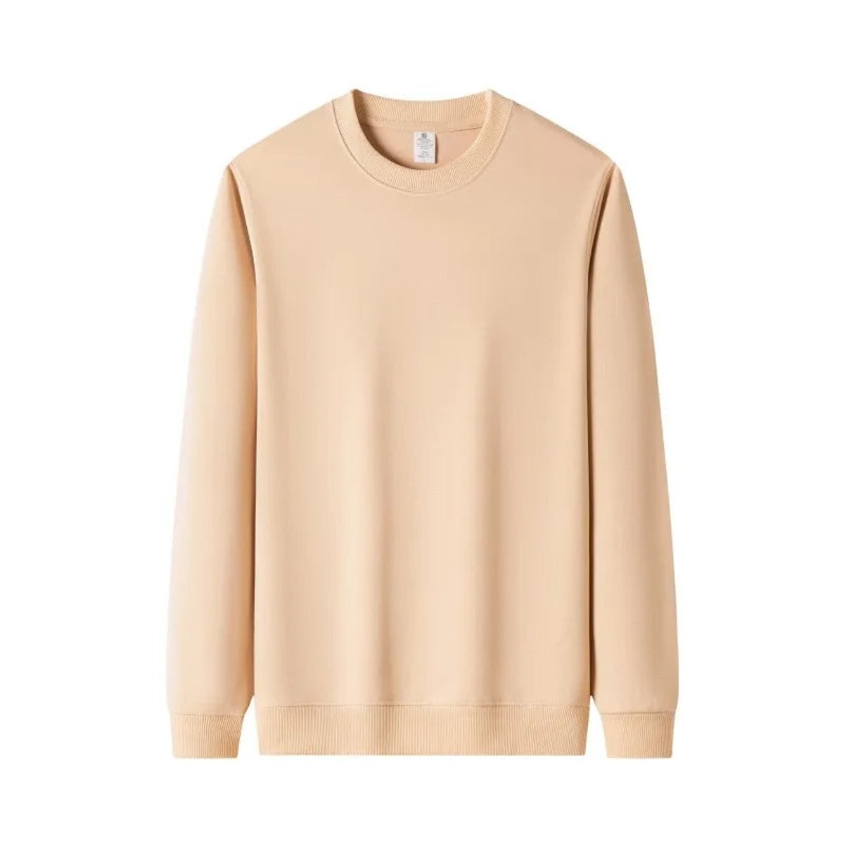 Beige crewneck jumper featuring ribbed hem and long sleeves