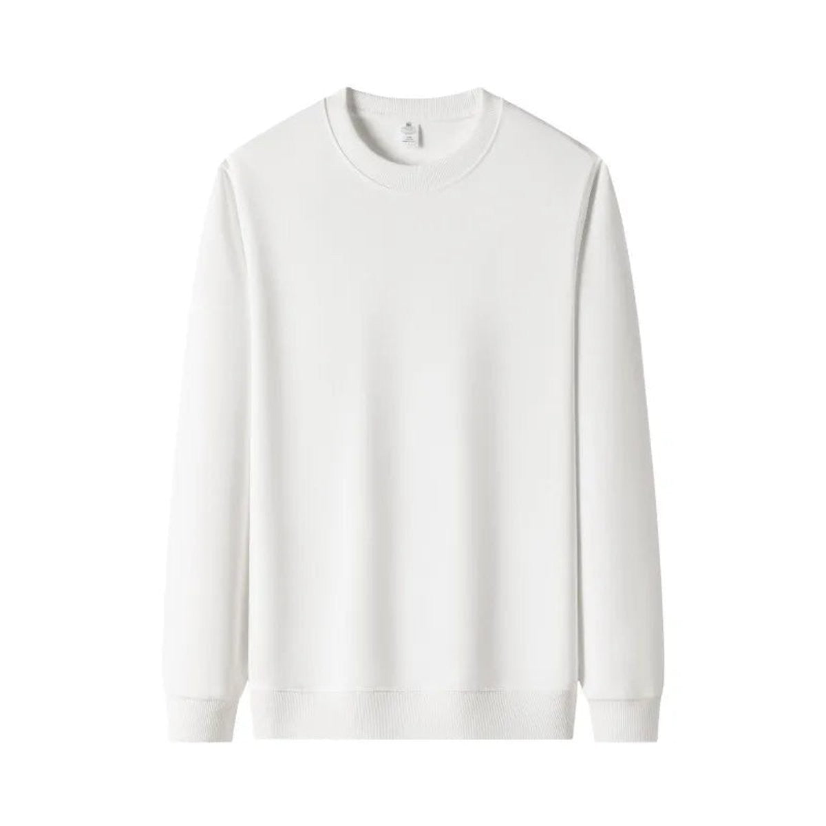 White cotton fleece jumper with classic crewneck and ribbed trim