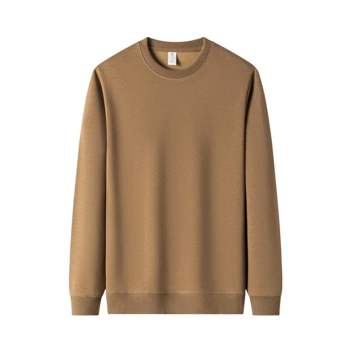 Camel crewneck pullover in heavyweight cotton fleece fabric