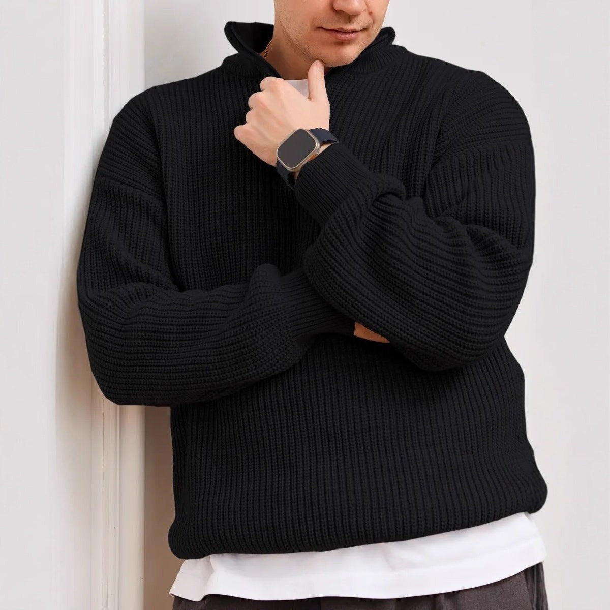 Black ribbed quarter-zip knitted jumper with funnel neck detail