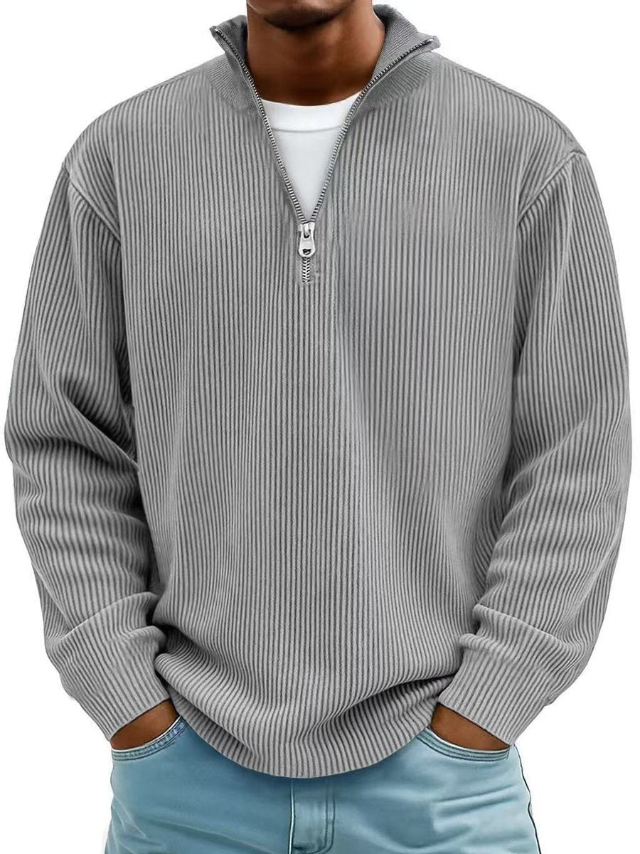 Light grey ribbed quarter-zip jumper with funnel collar on men's knitted pullover