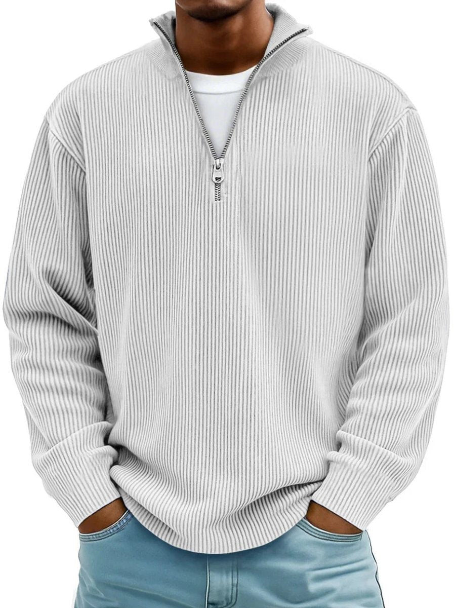 Off-white ribbed quarter-zip jumper with funnel collar on men's knitted pullover