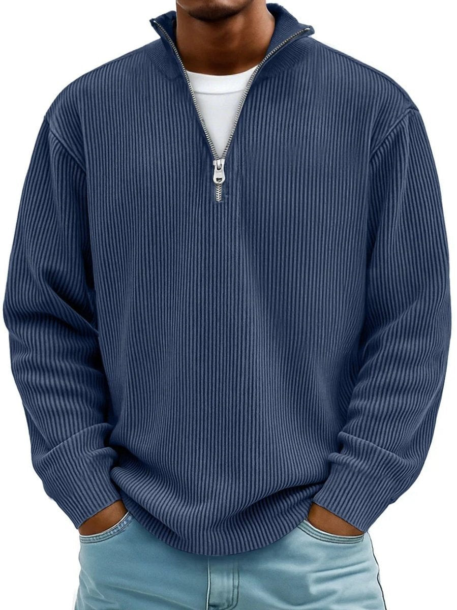 Navy blue ribbed quarter-zip jumper with funnel collar on men's knitted pullover