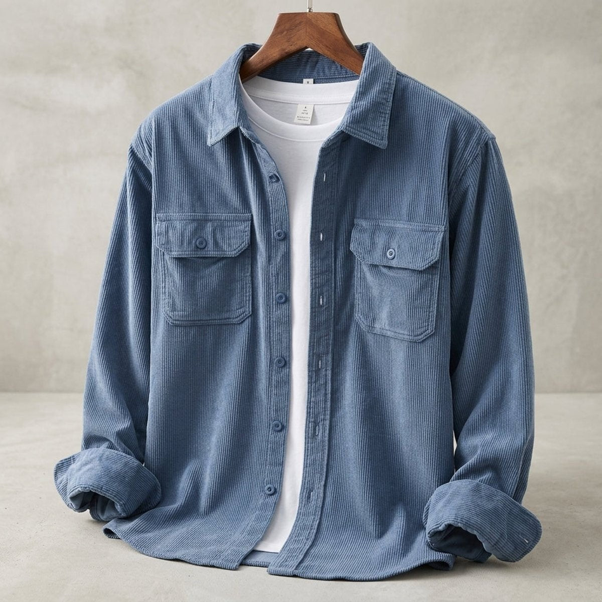Slate blue corduroy overshirt featuring twin flap pockets and long sleeves