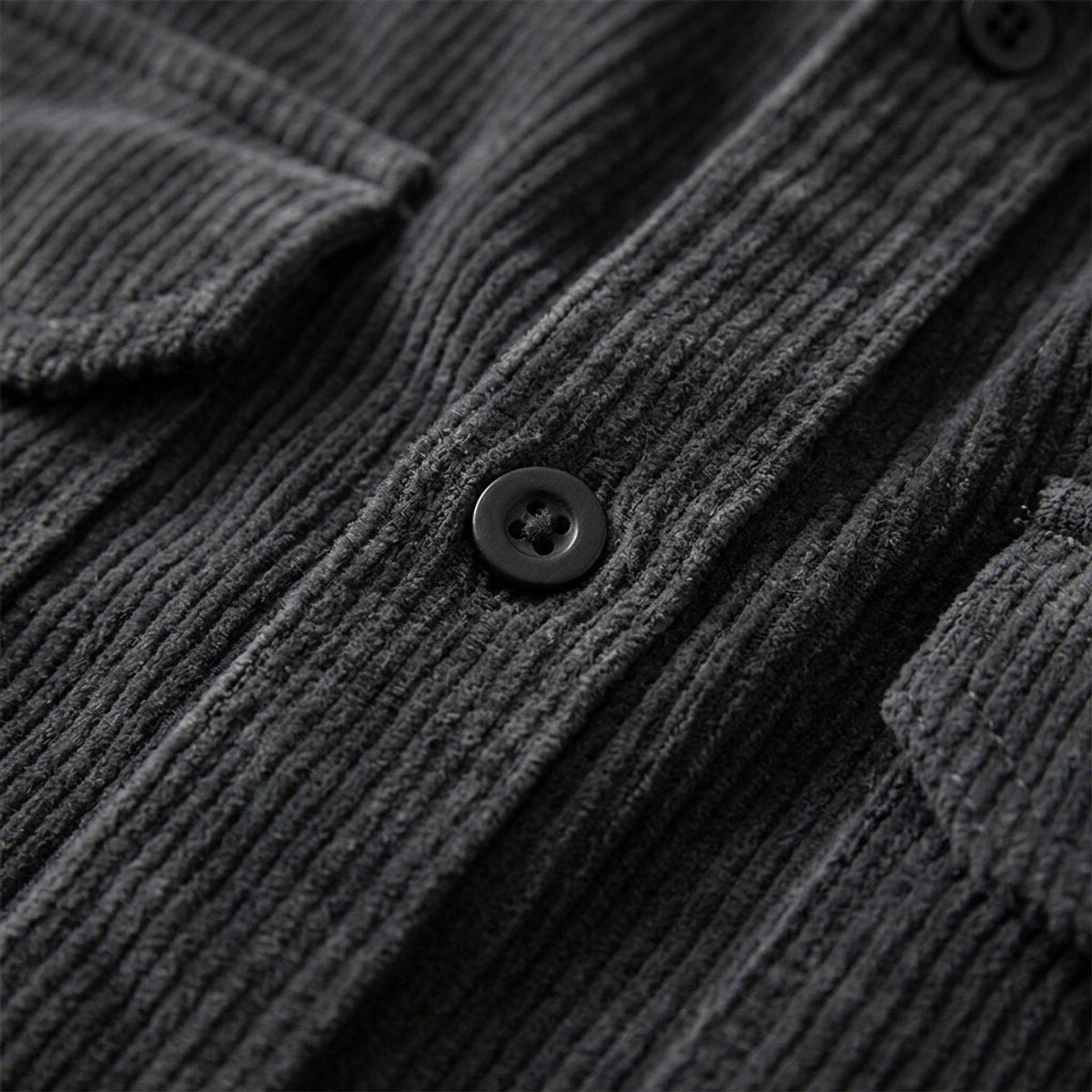 Close-up of charcoal corduroy fabric texture with button and flap pocket detail