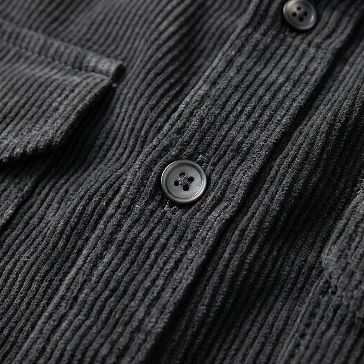 Ribbed dark grey corduroy weave showing button fastening and cuff stitching
