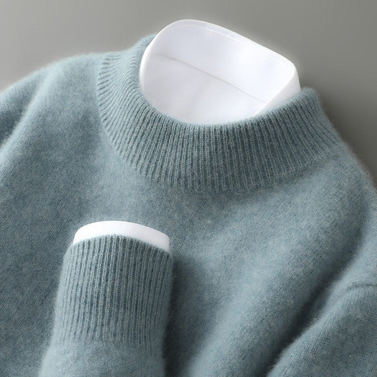 Duck egg blue cashmere crew-neck jumper with ribbed collar detail