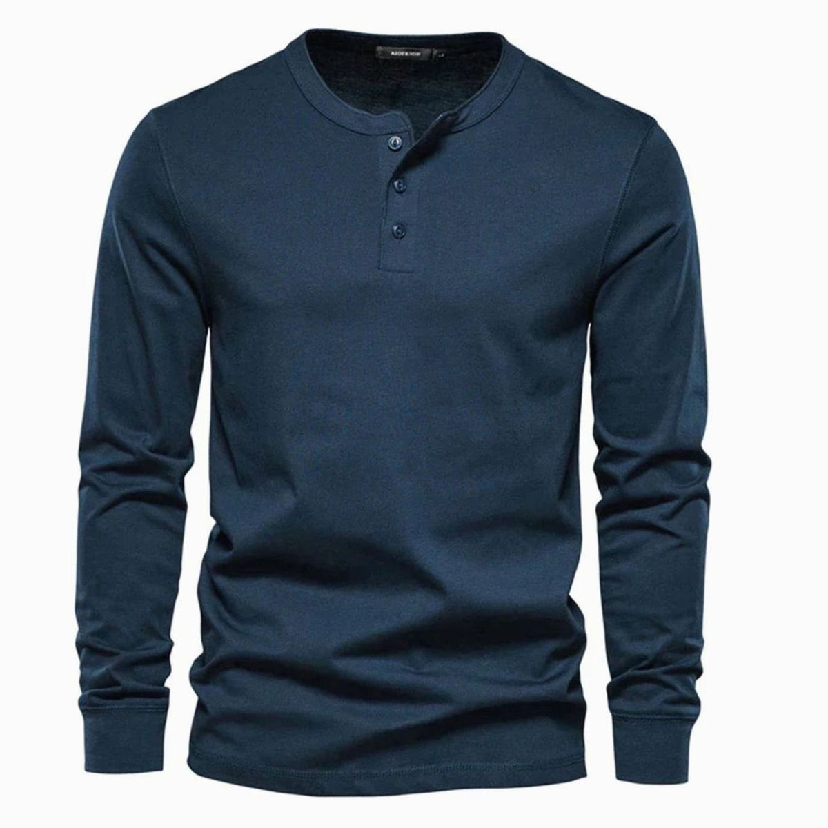 Navy long-sleeve henley shirt with button placket and ribbed cuffs