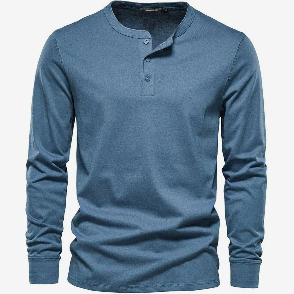 Slate blue henley top featuring three-button placket and round neckline