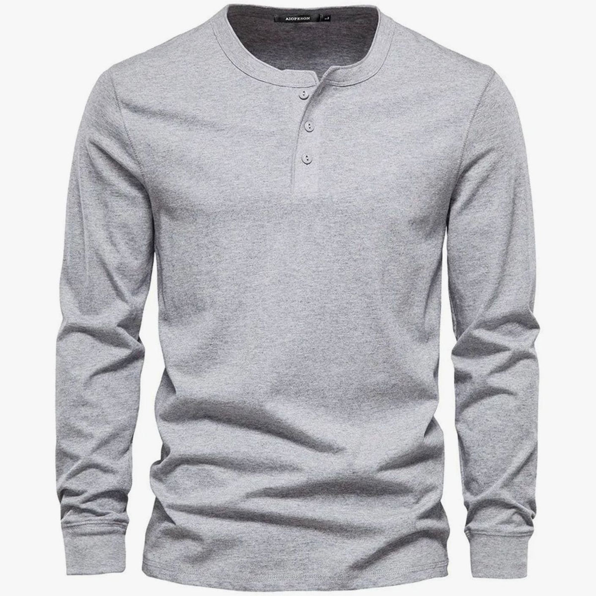 Light grey marl henley shirt with long sleeves and crew neck