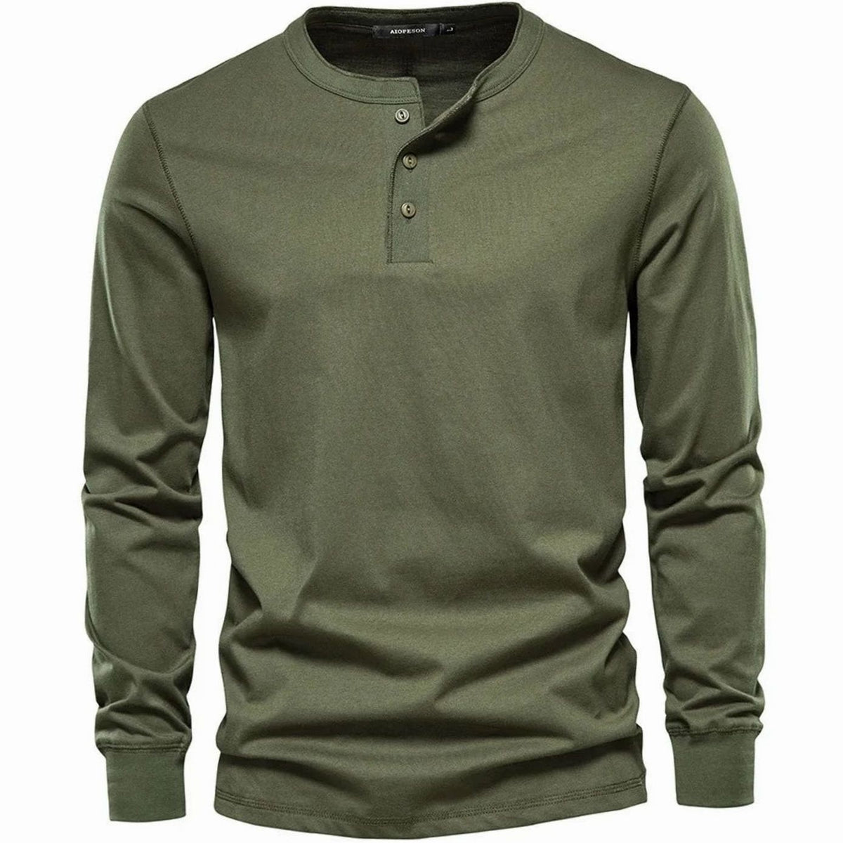 Olive green long-sleeve henley with button-up placket detail