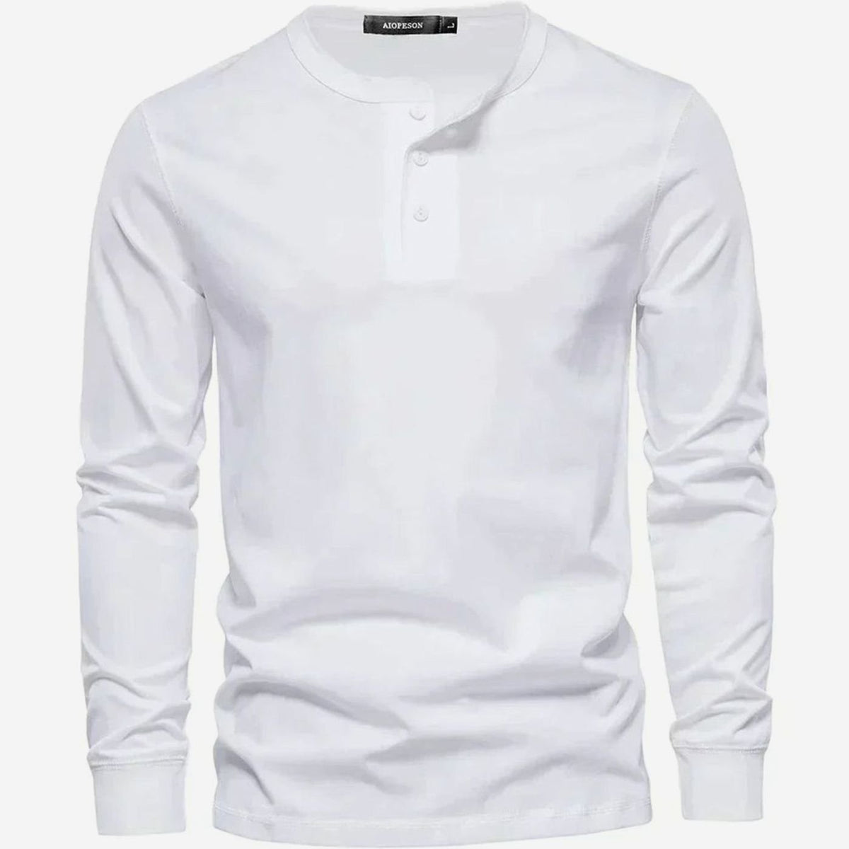 White cotton henley shirt with three-button neckline and long sleeves