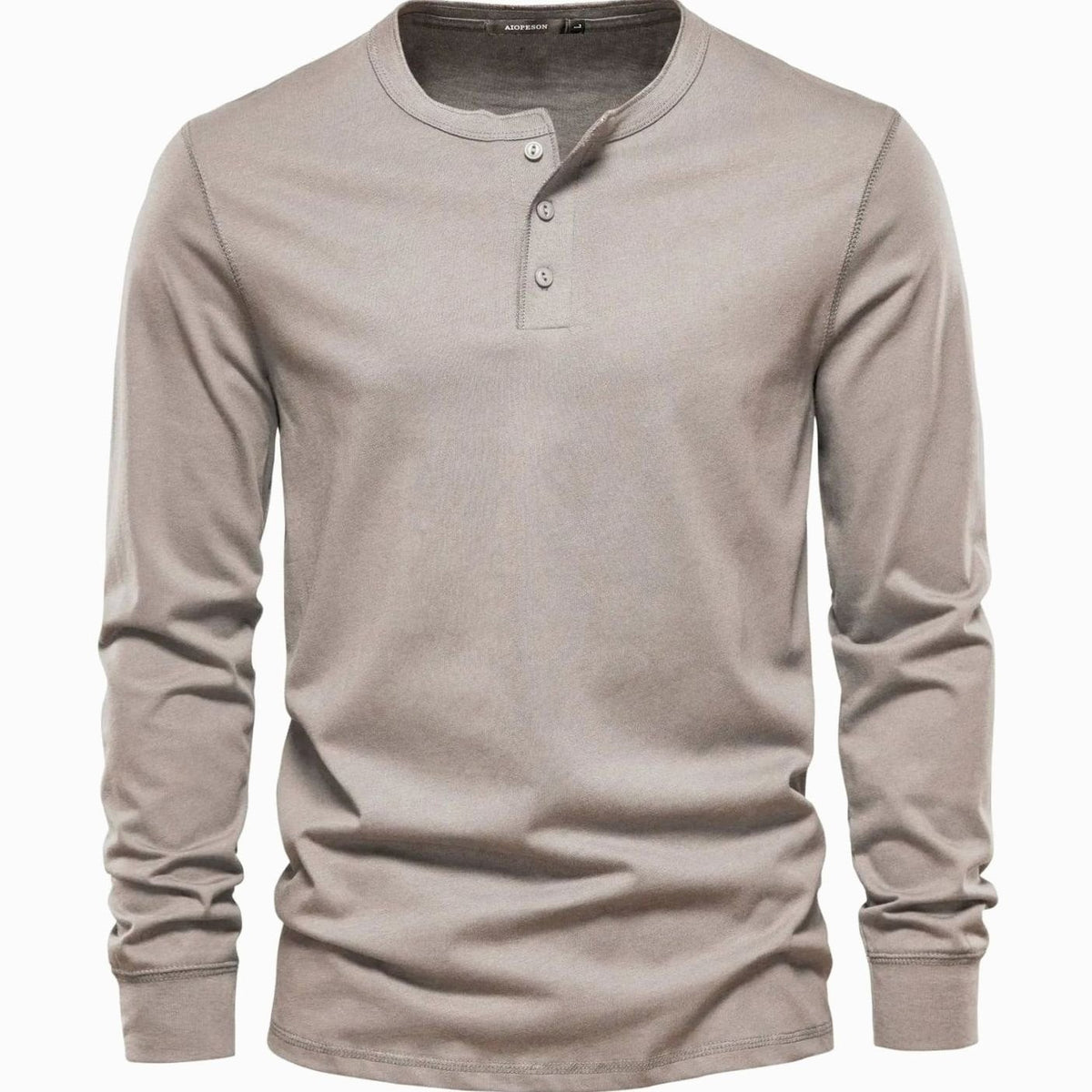 Taupe long-sleeve henley top with round collar and buttoned placket