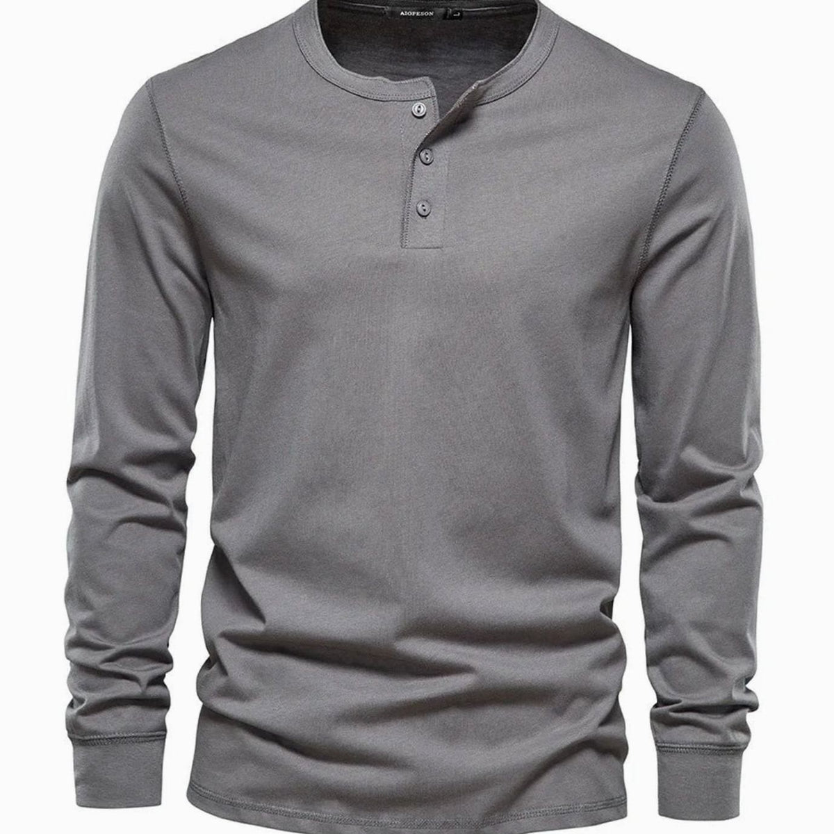 Charcoal grey henley shirt with ribbed cuffs and button collar