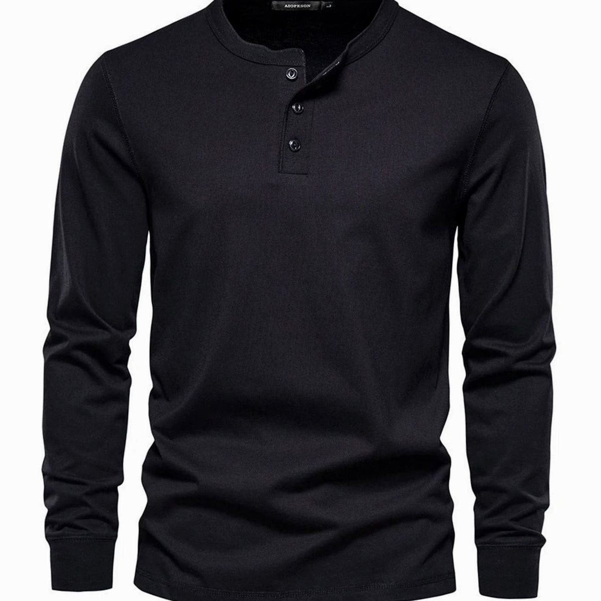 Black long-sleeve henley featuring classic three-button placket design