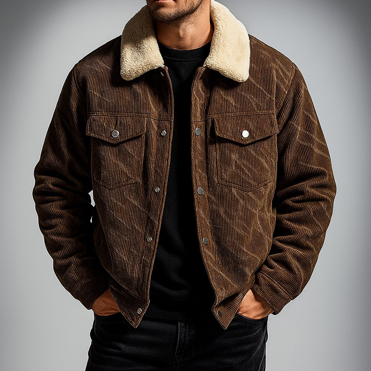 Man wearing brown corduroy bomber jacket with sherpa collar and popper fastenings