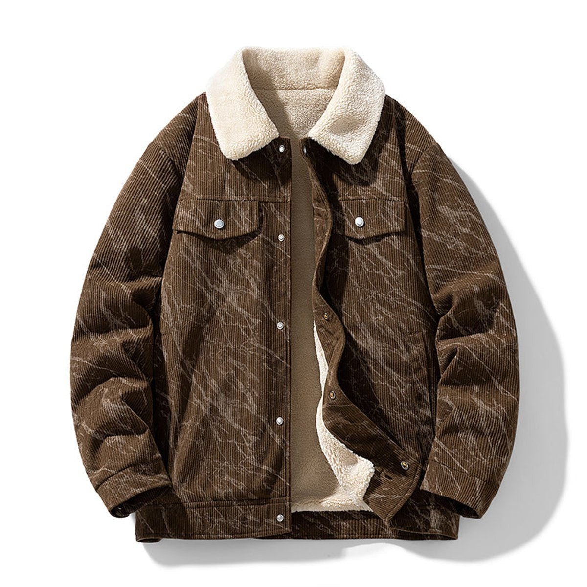 Brown marble-print corduroy bomber jacket with cream sherpa collar and fleece lining