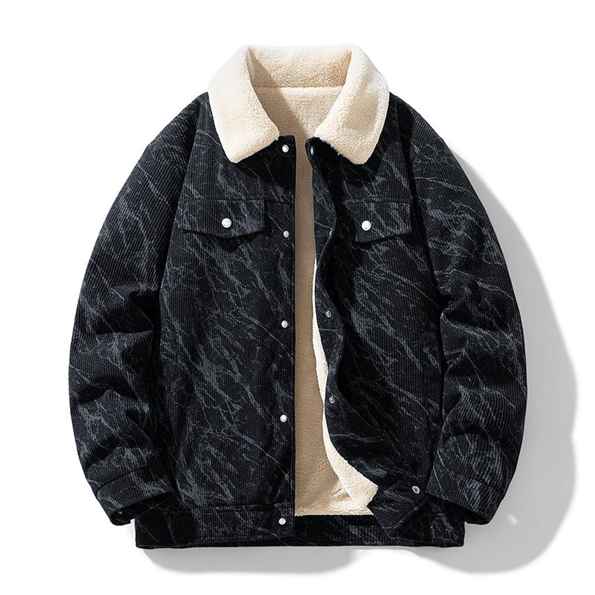 Black marble-print corduroy bomber jacket with cream sherpa collar, laid flat