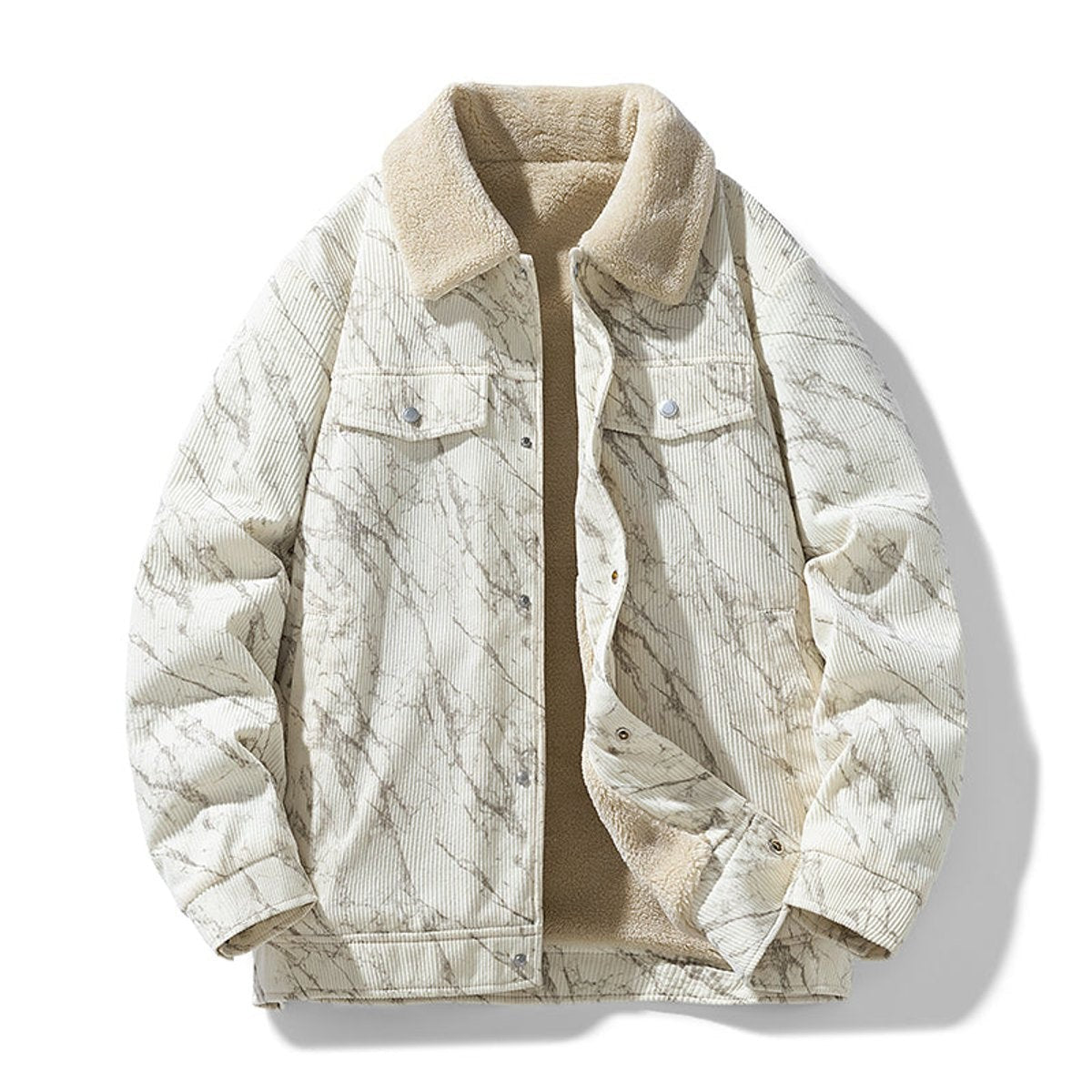 Cream marble-print corduroy bomber jacket with beige sherpa collar and popper buttons