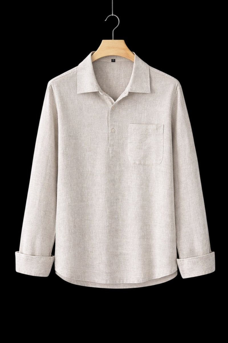 Beige linen Henley shirt with chest pocket and rolled long sleeves