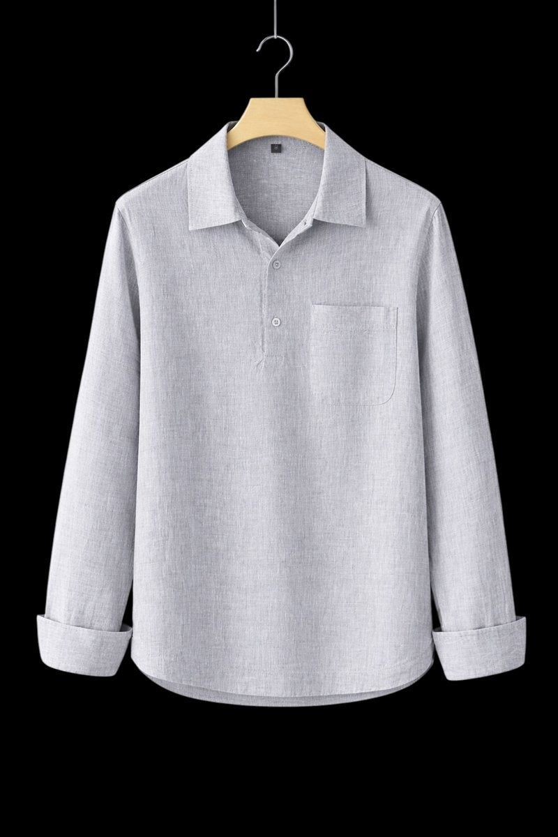 Grey marl linen pullover shirt featuring open collar and buttoned placket
