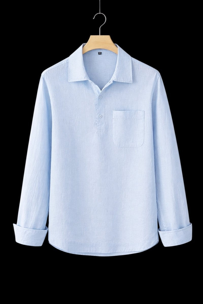 Light blue linen Henley shirt with relaxed fit and turned-up cuffs