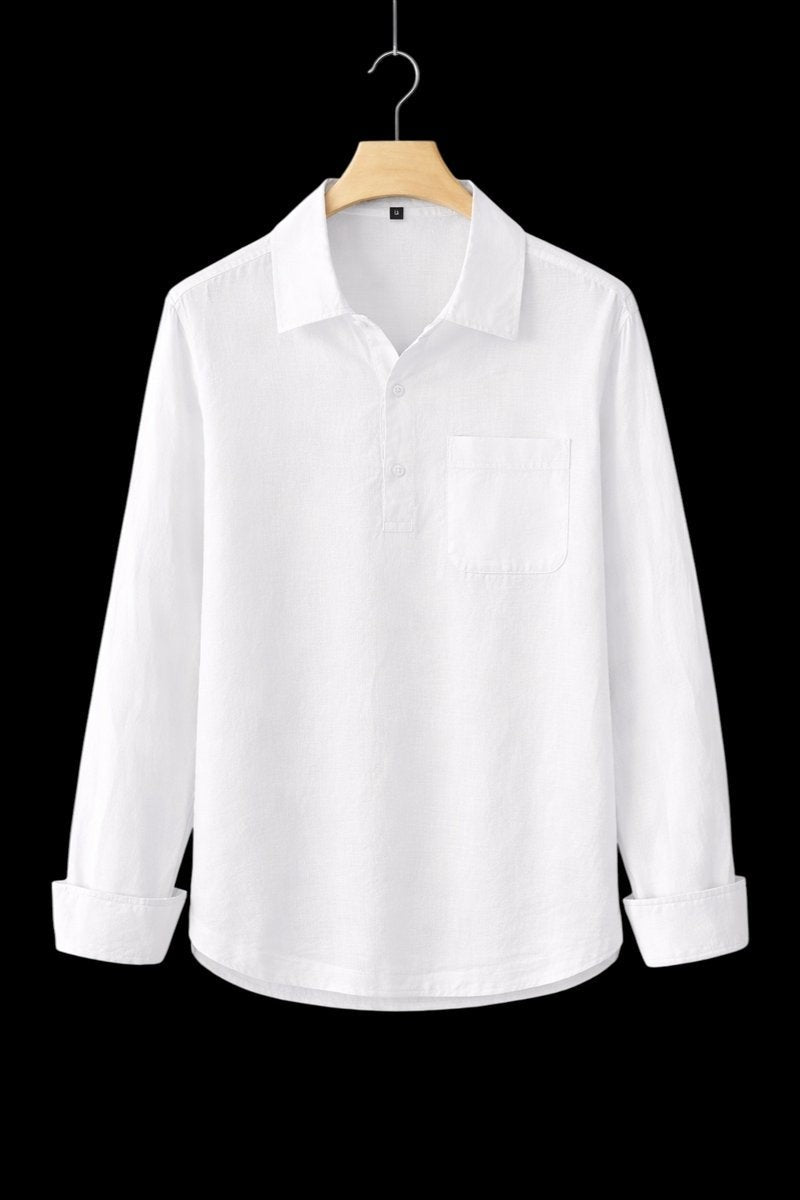 White linen pullover shirt with chest pocket, shown front-facing on hanger