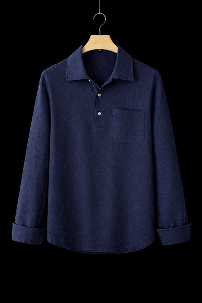 Navy linen Henley shirt with button placket and folded sleeve cuffs