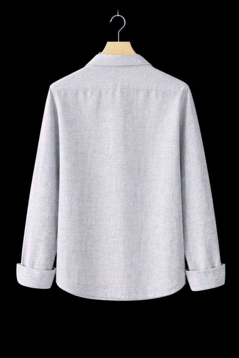 Back detail of grey marl linen shirt with collar and turned-up sleeves