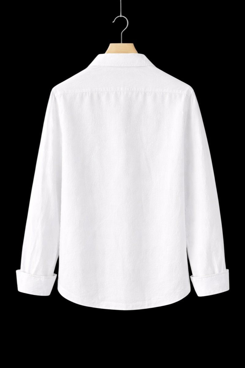 White linen shirt back view with folded cuffs and pointed collar